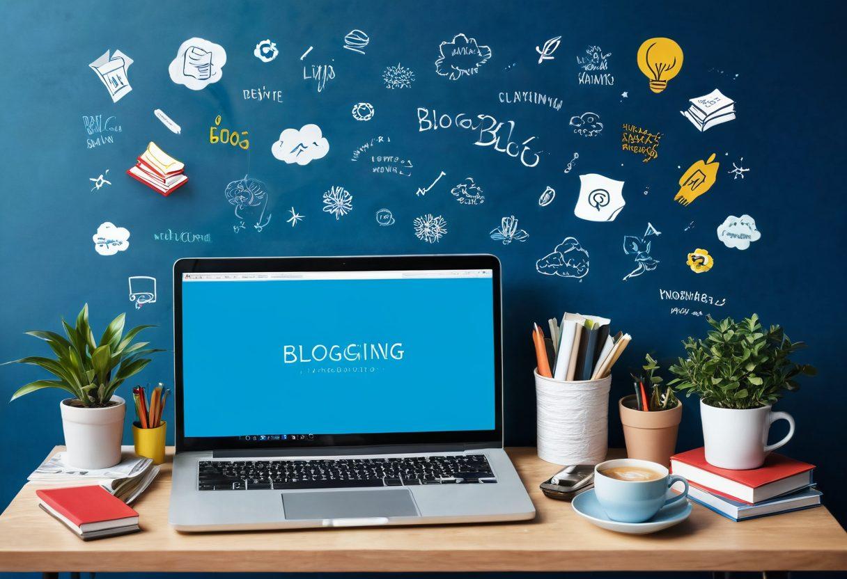 A whimsical landscape featuring a cozy desk with a laptop open to a colorful blog interface, surrounded by books and plants. In the background, a vibrant community of people engaging on their own laptops and sharing ideas under a bright blue sky. Include symbols of lifestyle blogging like coffee cups, notebooks, and inspiring quotes floating in the air. The scene should radiate warmth and creativity. super-realistic. vibrant colors. white background.