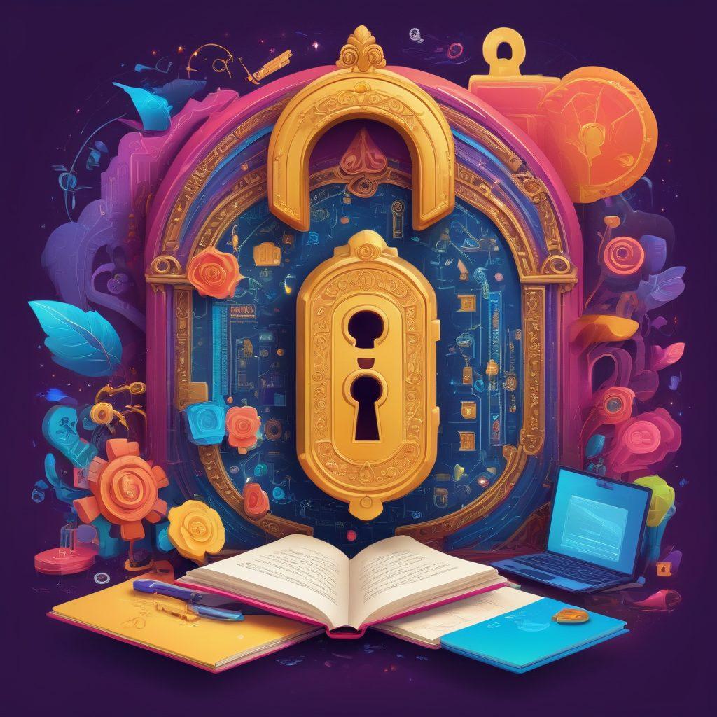 A whimsical illustration of a colorful key unlocking a giant, ornate lock shaped like a blog post, surrounded by various symbols of blogging success like graphs, laptops, and writing tools. The background features an inviting library filled with open books and glowing ideas rising from them. The scene should evoke a sense of discovery and inspiration. vibrant colors. illustration.