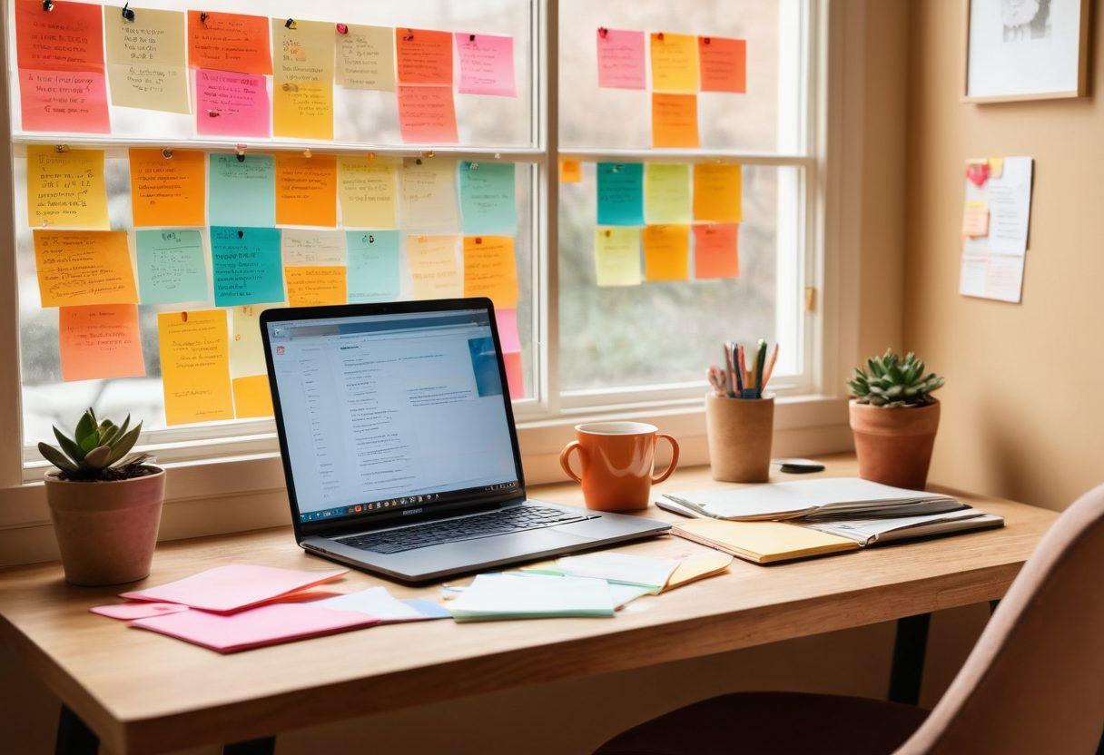 A creative workspace with a person writing in a digital diary on a sleek laptop, surrounded by colorful sticky notes and a coffee cup. The background features a large corkboard filled with inspiring quotes and images of influential bloggers. Soft warm light filters through a window, creating an inviting atmosphere. Illustrate the transformation from simple notes to impactful storytelling. super-realistic. vibrant colors. cozy ambiance.